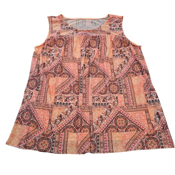 Tops - Boho Patchwork Paisley Sleeveless Tank Top Orange Pink Mesh Knit Scoop Neck XL